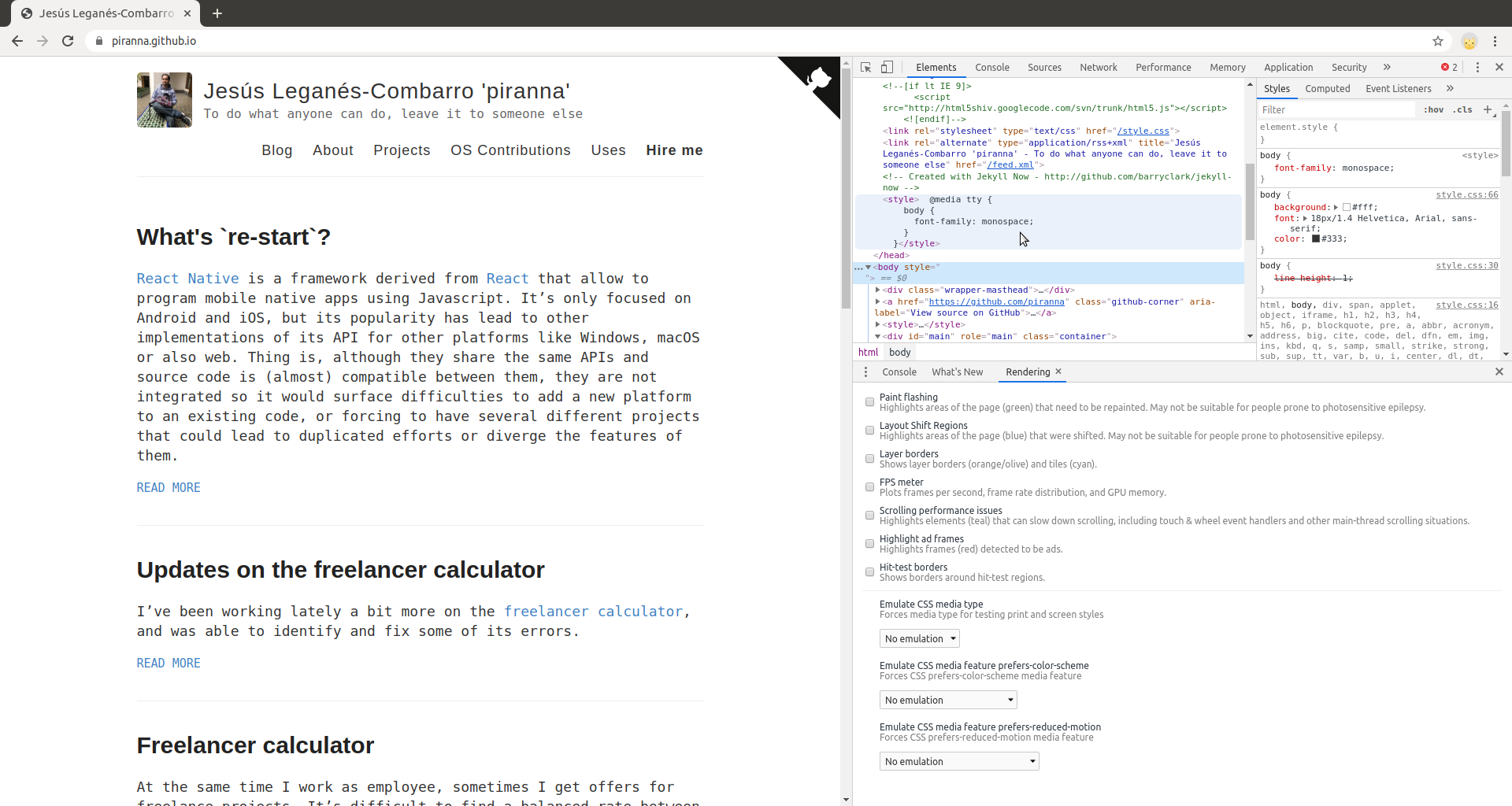 Screenshot of the blog with  media rule and a custom terminal inspired CSS stylesheet enabled